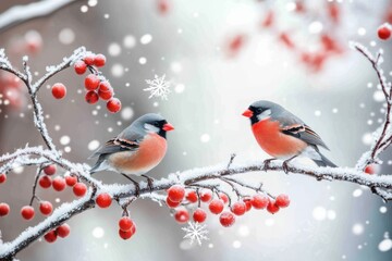 Charming bullfinches perched on a frosted rowan branch surrounded by bright berries and floating snowflakes, capturing the peaceful essence of winter's beauty. Joyful winter wonderland landscape