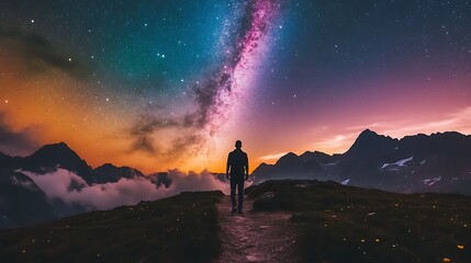 Fototapeta premium Lone Figure Walks Mountain Path Under Starlit Sky