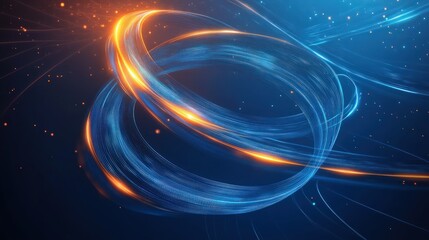 Obraz premium A conceptual depiction of a technological energy core, radiating curved neon blue and orange light rays that intertwine harmoniously. The surrounding area is a void-like deep blue space.