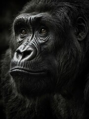 Gorilla gazing upwards in a dramatic black-and-white composition.