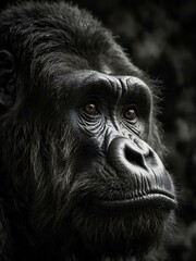 Gorilla gazing upwards in a dramatic black-and-white composition.