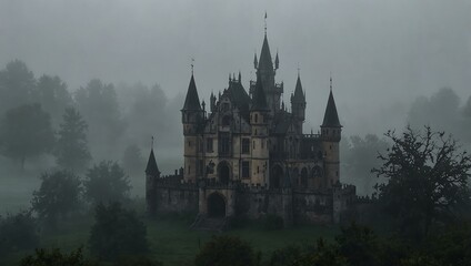 Fototapeta premium Gothic castle enveloped in dense fog.