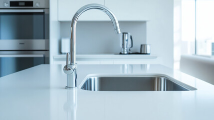 Modern minimalist kitchen interior featuring sleek white countertop and stylish faucet. design emphasizes simplicity and functionality, creating serene cooking space