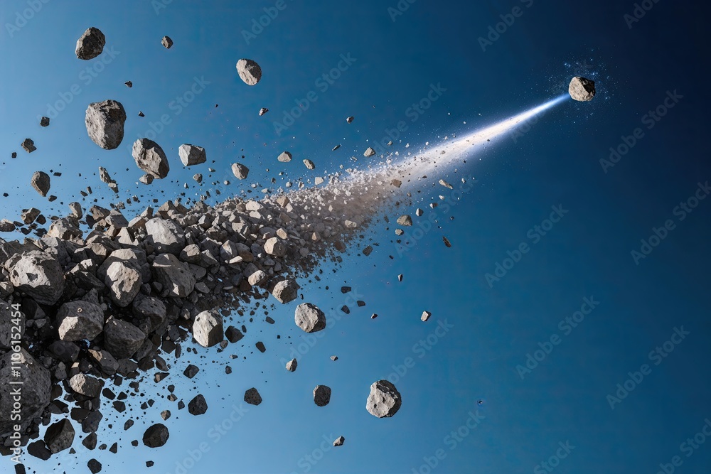 Poster asteroid fragment collection soaring in space against a blue background