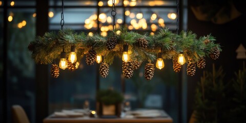 Pinecone and evergreen-adorned chandelier, adding a rustic touch to the festive dining area, illuminated by soft lighting