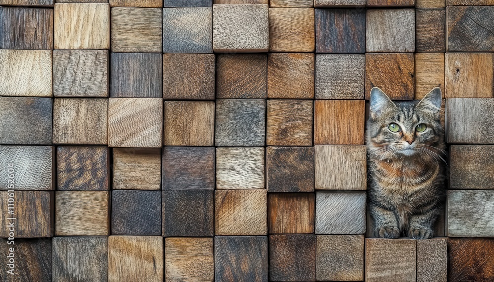 Poster charming tabby cat peeking through colorful wooden blocks in a rustic setting, showcasing a unique b