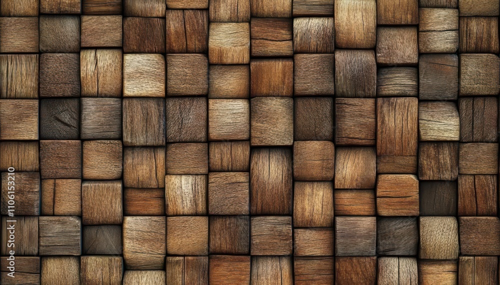 Poster close-up view of various wooden blocks arranged in an intricate pattern showcasing textures, colors,