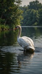 Graceful swan gliding across a serene lake.
