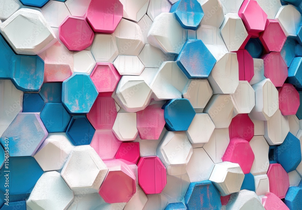 Poster colorful abstract hexagonal background displaying a creative use of pink, blue, and white textures w