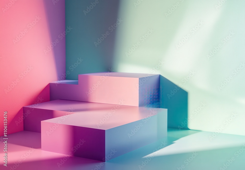 Poster Colorful Abstract Shapes in Minimalist Space with Soft Lighting and Smooth Surfaces for Creative Design and Modern Art Projects