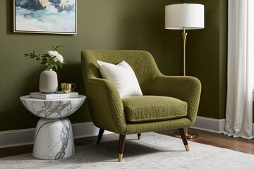 Elegant Olive Green Boucle Chair and White Marble Side Table in a Contemporary Reading Nook for a Stylish Home Ambiance