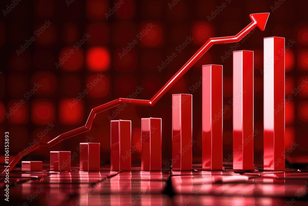 Poster a dynamic red graph with ascending bars and a sharp upward arrow, representing growth and progress i