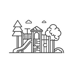 Line Drawing Of A Playground With A Slide A Climbing Frame And Trees