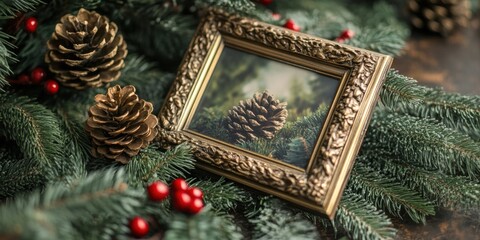 Pinecone and evergreen-adorned picture frame, displaying a cherished holiday memory, surrounded by festive decor