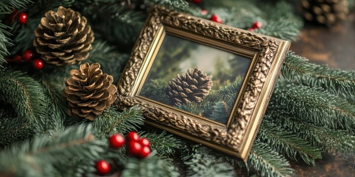Pinecone and evergreen-adorned picture frame, displaying a cherished holiday memory, surrounded by festive decor