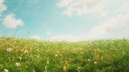 Fototapeta premium vibrant spring meadow filled with wildflowers under bright blue sky. scene evokes sense of tranquility and natural beauty, perfect for nature lovers