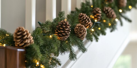 Pinecone and evergreen-adorned staircase railing, wrapped with twinkling lights, adding festive charm to the home interior