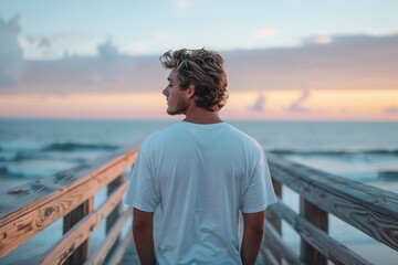 Fototapeta premium A young man stands at the end of a wooden pier, looking out over the ocean as the sun sets. The sky is filled with soft colors of orange and pink, creating a serene atmosphere