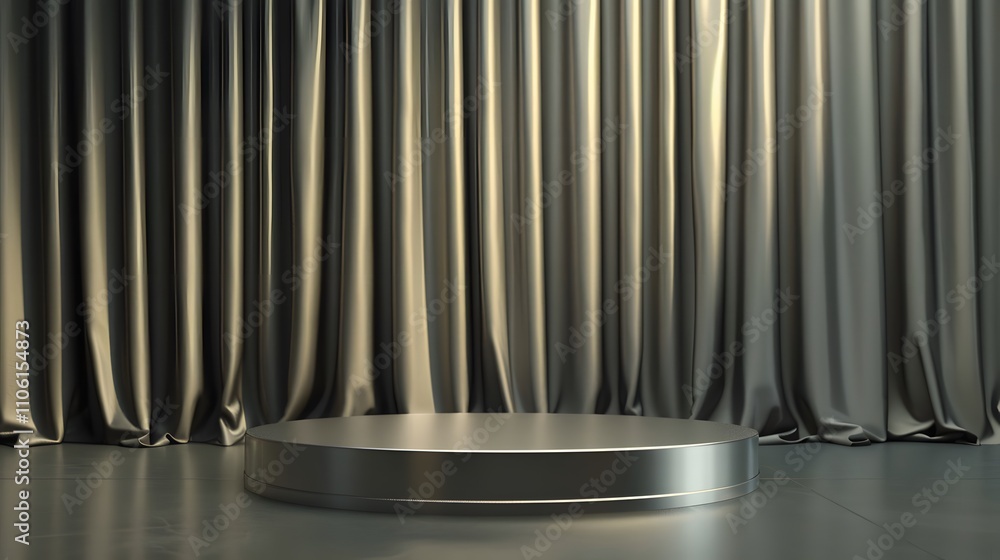 Aufkleber Elegant Stage with Glossy Round Platform and Draped Curtains in a Soft Ambient Light Creating a Dramatic and Stylish Presentation Space for Events and Performances