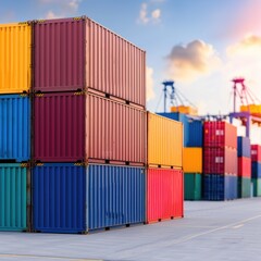 Fototapeta premium Colorful shipping containers stacked at a port under a vibrant sky, showcasing logistics and trade in a bustling maritime environment.