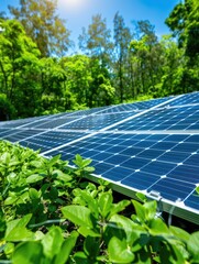 Fototapeta premium A vibrant solar panel installation surrounded by lush greenery, highlighting renewable energy in a natural setting.