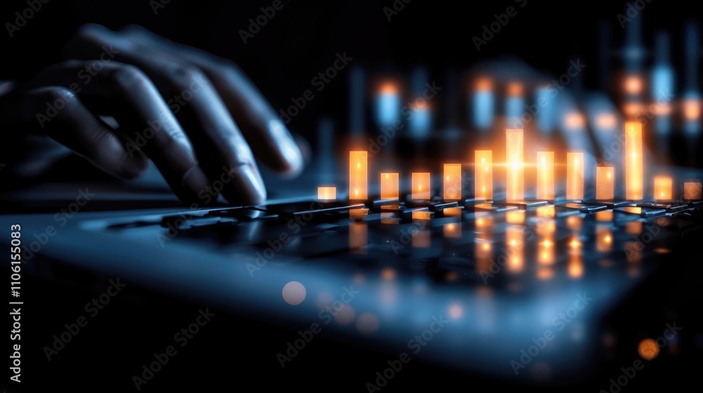 Aufkleber a close-up of a hand on a laptop keyboard, with digital bars of light indicating data visualization 