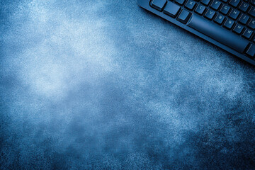 top view of sleek black gaming keyboard on textured blue surface, creating modern and stylish workspace. contrast enhances overall aesthetic appeal