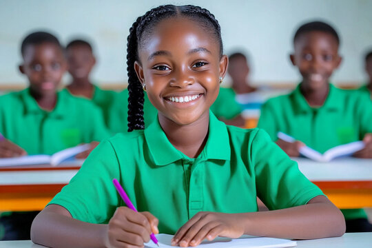 Smiling African girl student in green uniform diligently writing with a pen in the classroom.