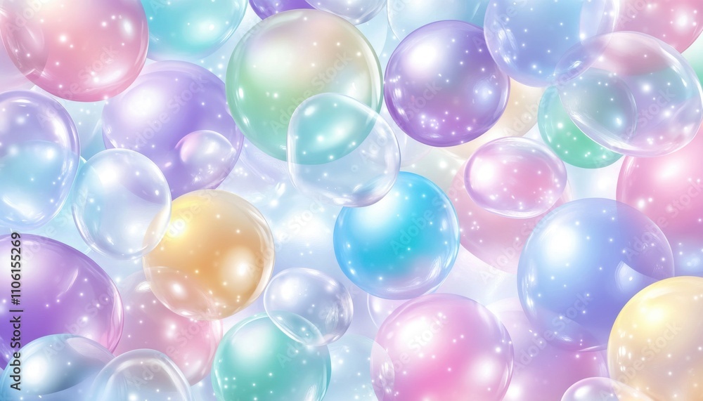 Poster colorful transparent bubbles floating against a soft background, creating a dreamy and playful atmos