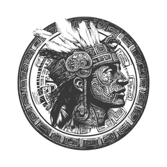 Mayan Warrior In Circular Frame With Ornate Headpiece And Body Decoration