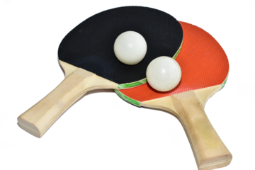 Two table tennis rackets with a ball on a white background.