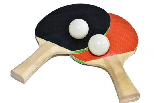Two table tennis rackets with a ball on a white background.