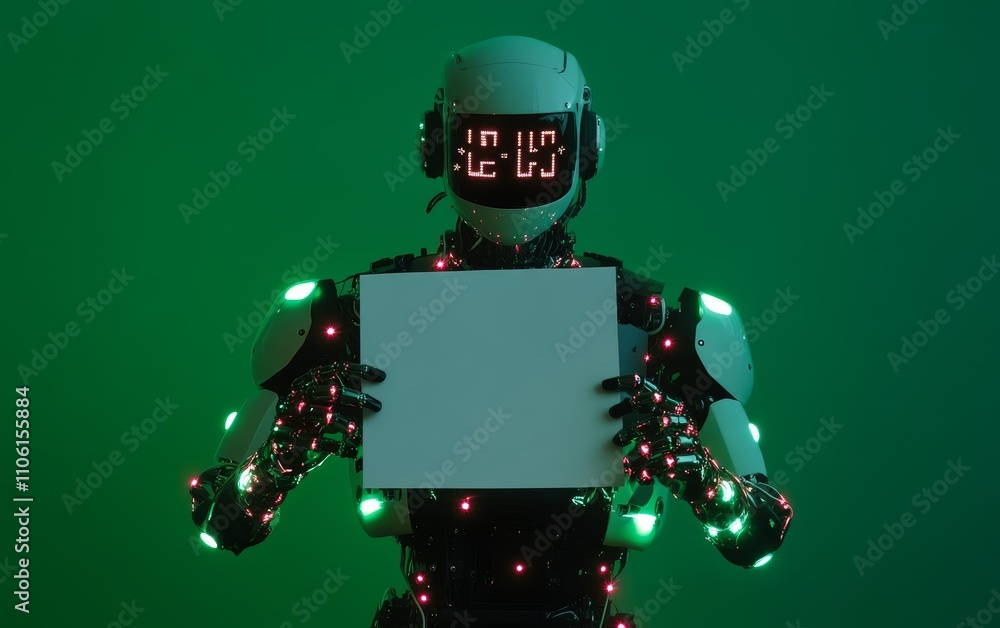Poster a futuristic robot with a digital display holding a blank sign against a green backdrop.