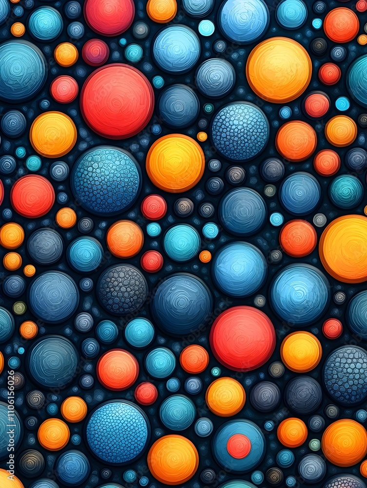 Poster a vibrant abstract design featuring a multitude of colorful spheres in varying sizes, with shades of