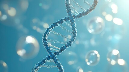 Spiral of Blue DNA double helix with light bokeh and bubble on beautiful blue background.