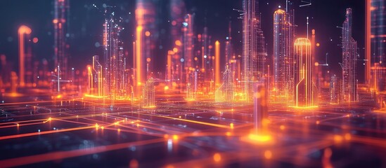 Naklejka premium A futuristic city skyline with glowing towers and lines, suggesting a technological advancement or a virtual world.