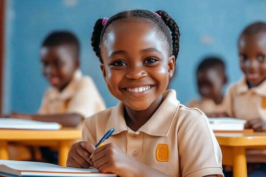 African girl in beige uniform smiling while writing with a pen in a school classroom.