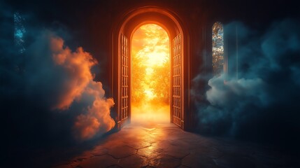 Enchanted fiery portal hovering in celestial storm,天の嵐に浮かぶ魅惑的な炎のポータル.Generative AI