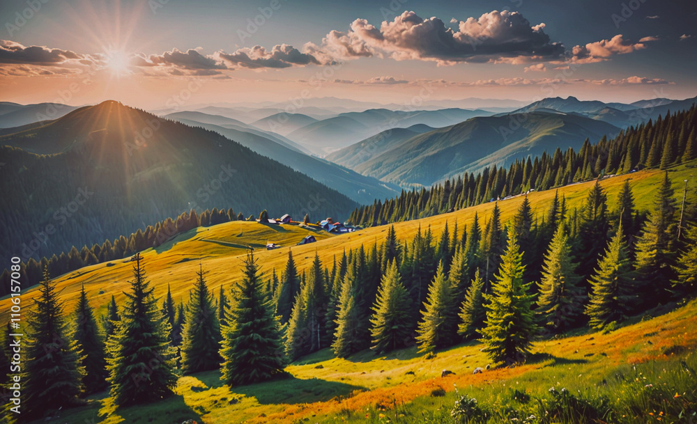 Leinwandbilder mountain range with a sun shining on it. there are many trees in the foreground and background