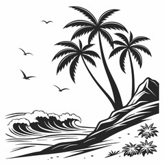 Tropical island palm trees and ocean waves vector silhouette 