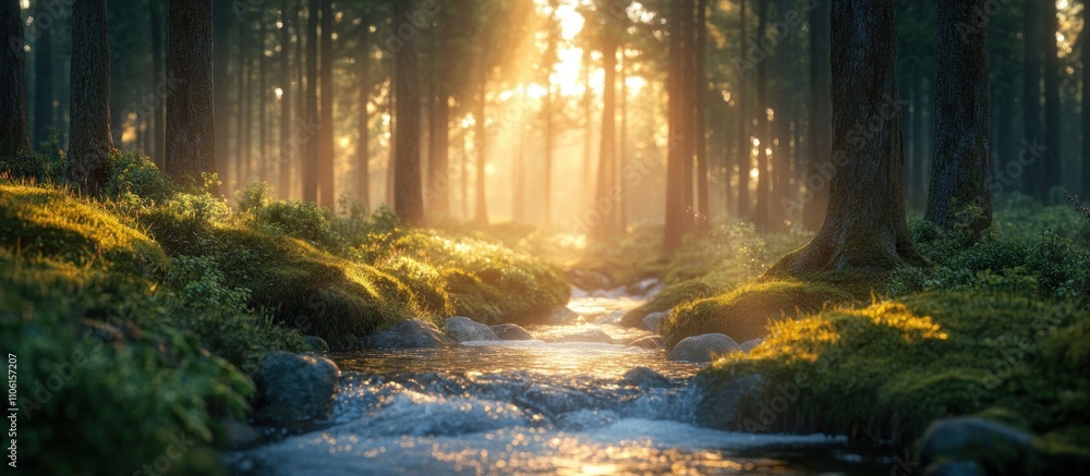 Poster sunbeams stream through a lush forest, illuminating a babbling brook as it winds its way through the