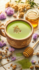 Cozy autumn drink with matcha latte, honey, and floral decor on rustic wood