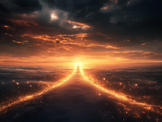 Symboliczna ścieżka świecących świateł prowadząca do jasnego horyzontu, reprezentująca nowy rozdział.