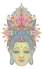 Fototapeta premium Buddha face over ornate mandala round pattern. Esoteric vintage vector illustration. Indian, Buddhism, spiritual art. Hippie tattoo, spirituality, Thai god, yoga zen Coloring book pages for adults.
