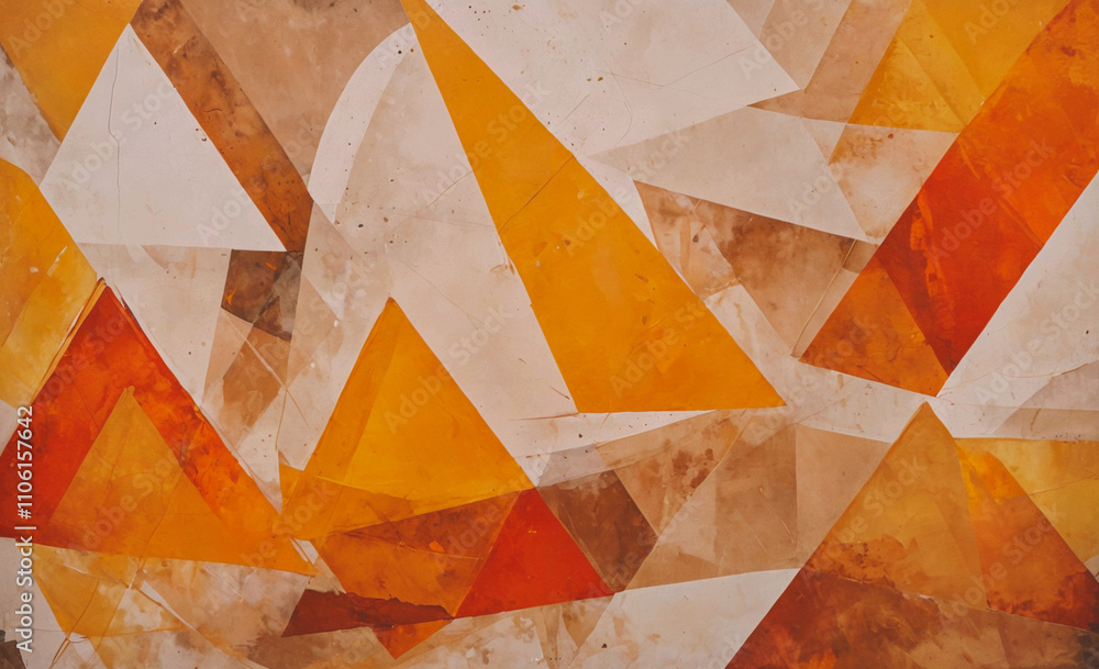 Aufkleber painting with triangles and squares in orange and white. the triangles are in different sizes and or
