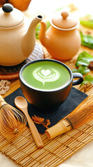 Matcha latte art with teapot and tea accessories on bamboo mat