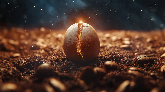 Nahaufnahme einer einzelnen Kaffeebohne symbolisiert die Kraft und Energie die in etwas steckt leuchtet und glitzert Generative AI