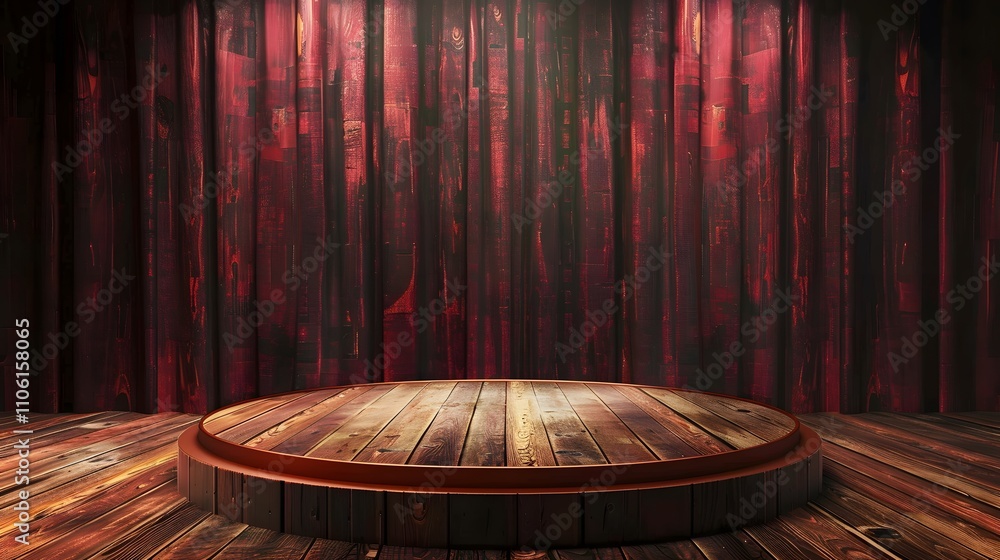 Poster Stage with Wooden Platform and Dramatic Red Background Illuminated by Soft Lights Creating an Atmosphere of Anticipation and Artistic Expression
