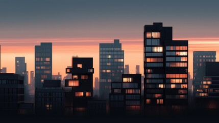Modern city skyline at sunset with illuminated windows of various geometric-shaped buildings against an orange sky