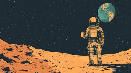 Obraz premium Astronaut Enjoying Coffee on a Distant Planet